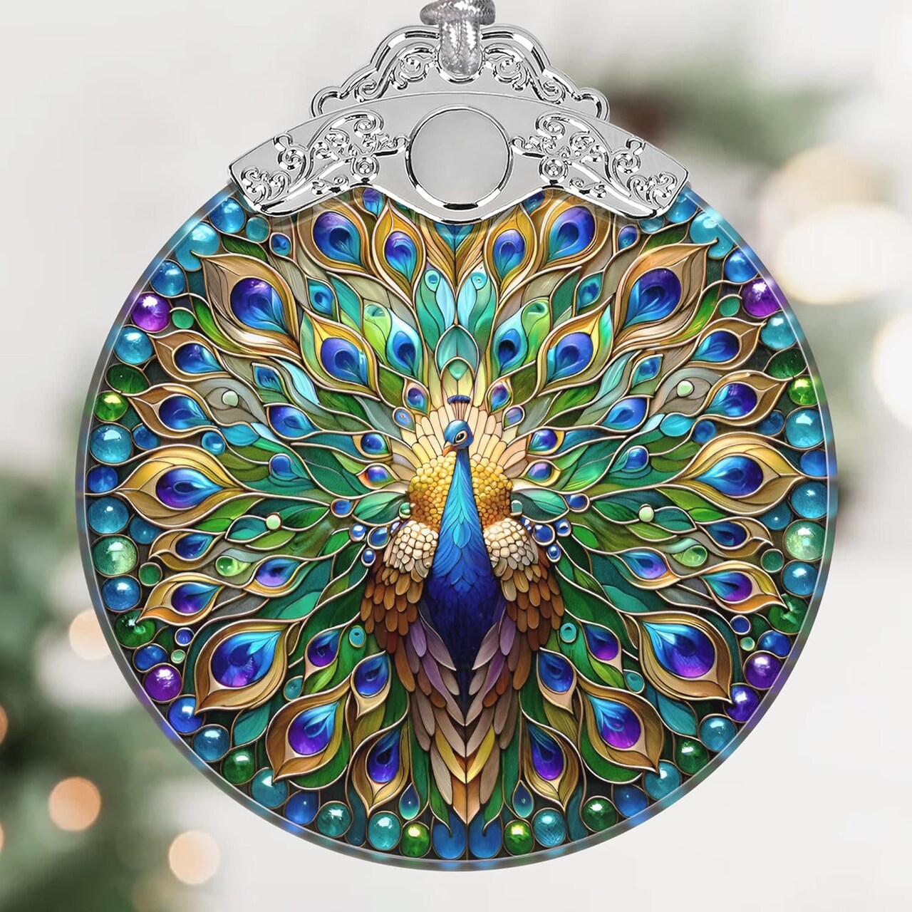 Peacock Christmas Ornament - Stained Glass Hanging Tree Decoration